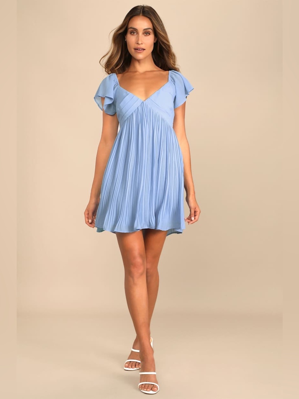 NEW Lulus Amalfi Coast Light Blue Pleated Flutter Sleeve Mini Dress, Medium - Picture 2 of 14
